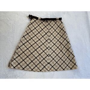 Vintage 1960s Plaid Belted Knee Length Skirt Size 12/ Waist 26" Cream/Brown
